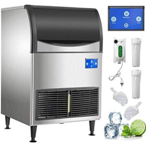 vevor 110v commercial ice maker 177lbs/24h, large storage bin 121lbs, clear cube, upgraded lcd panel w/wi-fi system, secop compressor, air-cooled, include 2 water filters, water drain pump, 2 scoops