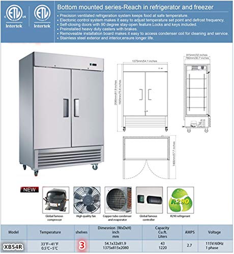 Commercial Refrigerator 2 doors Stainless Steel Solid 54" Width, Capacity 43Cuft, 110V for Restaurant Kitchen Cooler Fridge all32dup1