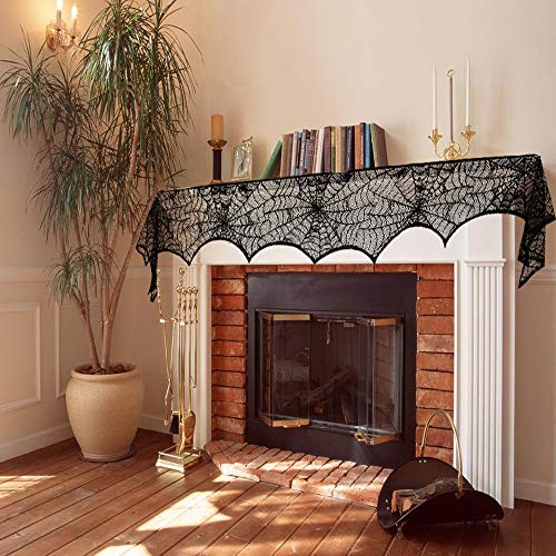 GKkakuto Halloween Cobweb Fireplace Scarf, Black Lace Spiderweb Mantle Scarf for Halloween Home Party Supplies, 18 x 96 inch