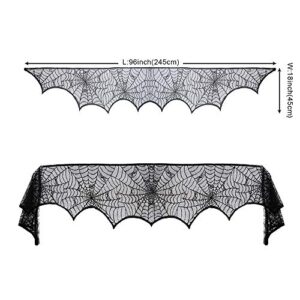 GKkakuto Halloween Cobweb Fireplace Scarf, Black Lace Spiderweb Mantle Scarf for Halloween Home Party Supplies, 18 x 96 inch