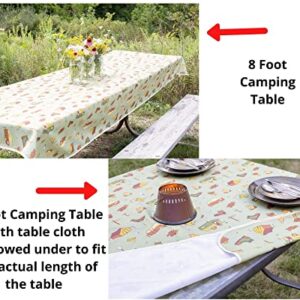 FoxCarr RV and Camping Table Cloth Will fit a 6ft or 8ft Picnic Table. Made of Polyester. This Camping Tablecloth is Washable. This Camping Accessories is for Outdoor Table Cover Product Name