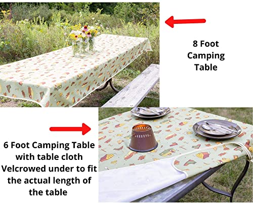 FoxCarr RV and Camping Table Cloth Will fit a 6ft or 8ft Picnic Table. Made of Polyester. This Camping Tablecloth is Washable. This Camping Accessories is for Outdoor Table Cover Product Name