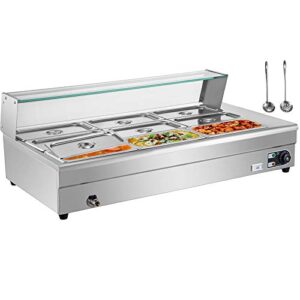 vevor 110v bain marie food warmer 9 pan x 1/3 gn, food grade stainelss steel commercial food steam table 6-inch deep, 1500w electric countertop food warmer 63 quart with tempered glass shield
