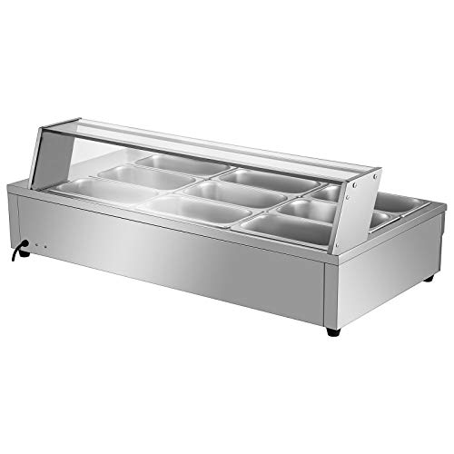 VEVOR 110V Bain Marie Food Warmer 9 Pan x 1/3 GN, Food Grade Stainelss Steel Commercial Food Steam Table 6-Inch Deep, 1500W Electric Countertop Food Warmer 63 Quart with Tempered Glass Shield