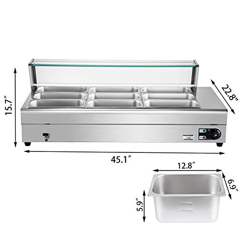 VEVOR 110V Bain Marie Food Warmer 9 Pan x 1/3 GN, Food Grade Stainelss Steel Commercial Food Steam Table 6-Inch Deep, 1500W Electric Countertop Food Warmer 63 Quart with Tempered Glass Shield