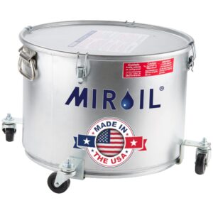 miroil 60lc grease bucket and oil filter pot, with caster base for easy portability, latch locking lid with seal, 55 lb or 7 gal capacity, low profile to fit under drain valves, filtering of hot oil
