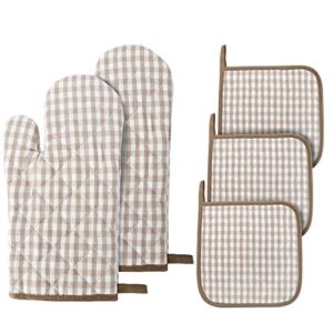 oven mitts and pot holders, 5 pcs heat resistant cotton vintage gingham oven mitts and potholders hot pads mats coasters set for cooking baking (light brown set)