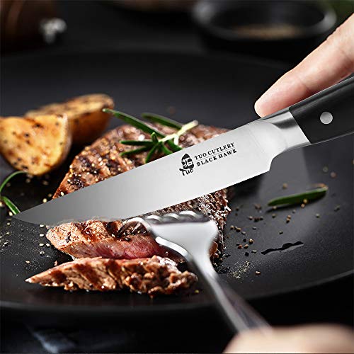 TUO Steak Knife - 5 inch Professional Kitchen Steak Knife Set 4 Table Dinner Knife - German HC Stainless Steel - Non Slip Pakkawood Handle - BLACK HAWK SERIES Including Gift Box
