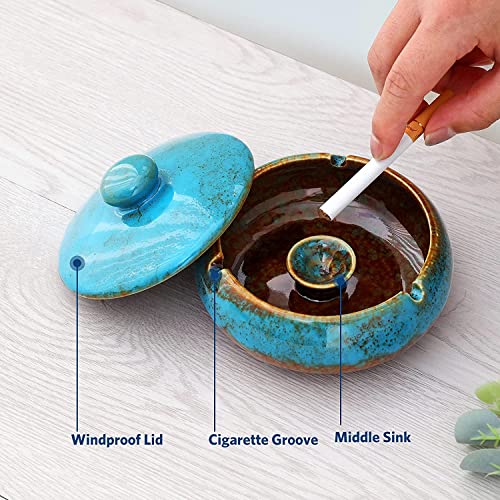 RONXS Ashtray, Outdoor Ash tray for Patio with Lid, Windproof Ashtrays for Cigarettes, Handmade Ceramic Ashtray for Home Office Indoor Decoration