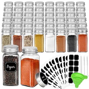 cyclemore 48 pack 4oz glass spice jars bottles, square spice containers with silver metal caps and pour/sift shaker lid-80pcs black labels,1pcs silicone collapsible funnel and 2pcs brush included