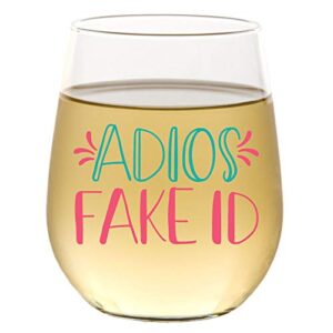 adios fake id - funny cute wine glass, stemless 15oz, gift box, 21st birthday gifts for women, finally legal, r.i.p fake id, happy 21st birthday gift for women, funny gift ideas for sister, friend