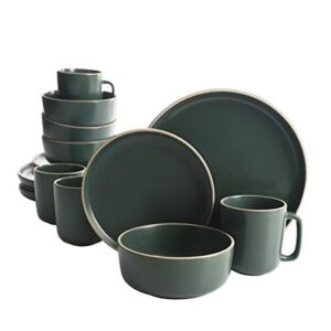 gibson home zuma 16 piece round kitchen dinnerware set, dishes, plates, bowls, mugs, service for 4, matte stoneware, green