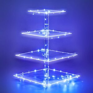 weddingwish cupcake stand, 4-tier square acrylic cupcake display stand with led string lights dessert tower pastry stand for birthday or wedding party (blue)