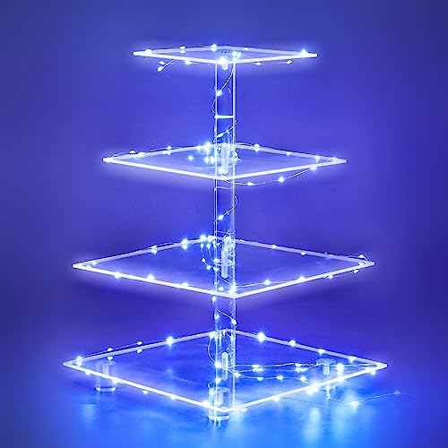 weddingwish Cupcake Stand, 4-Tier Square Acrylic Cupcake Display Stand with LED String Lights Dessert Tower Pastry Stand for Birthday or Wedding Party (Blue)