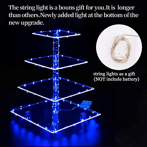 weddingwish Cupcake Stand, 4-Tier Square Acrylic Cupcake Display Stand with LED String Lights Dessert Tower Pastry Stand for Birthday or Wedding Party (Blue)