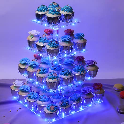 weddingwish Cupcake Stand, 4-Tier Square Acrylic Cupcake Display Stand with LED String Lights Dessert Tower Pastry Stand for Birthday or Wedding Party (Blue)