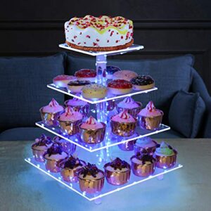 weddingwish Cupcake Stand, 4-Tier Square Acrylic Cupcake Display Stand with LED String Lights Dessert Tower Pastry Stand for Birthday or Wedding Party (Blue)