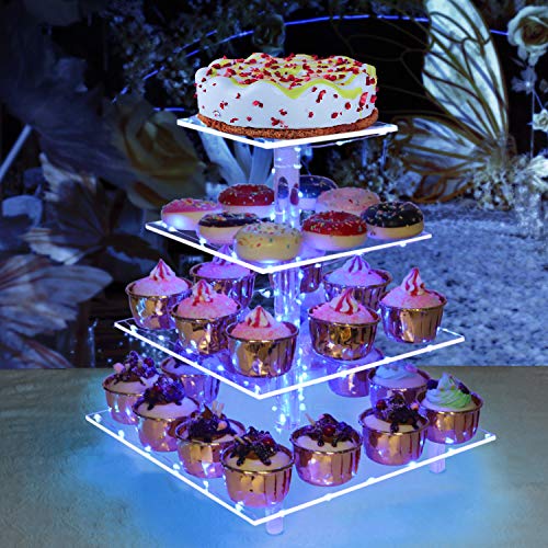 weddingwish Cupcake Stand, 4-Tier Square Acrylic Cupcake Display Stand with LED String Lights Dessert Tower Pastry Stand for Birthday or Wedding Party (Blue)