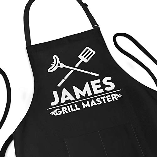 Apron For Men - Customized With Name, Grill Master - Personalized Gift For Dad - Adjustable Size Fits M-3XL - BBQ Apron with 2 Pockets - Grill Gift for Men (GrillMaster Design)