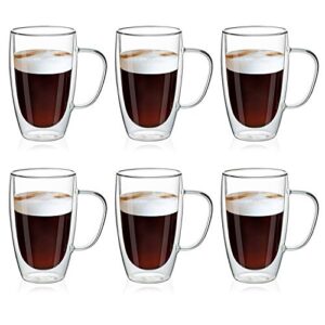meway 16oz/6 pack coffee mugs, thickened clear glass double wall cup with handle for coffee, tea, latte, cappuccino (16 oz，6)
