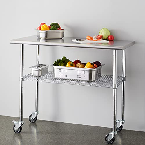 ROCKPOINT Stainless Steel Table for Prep & Work with Caster 49x24 Inches, NSF Metal Commercial Kitchen Table with Adjustable Wire Under Shelf and Table Foot for Restaurant, Home and Hotel