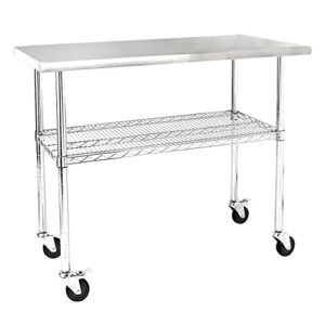 rockpoint stainless steel table for prep & work with caster 49x24 inches, nsf metal commercial kitchen table with adjustable wire under shelf and table foot for restaurant, home and hotel
