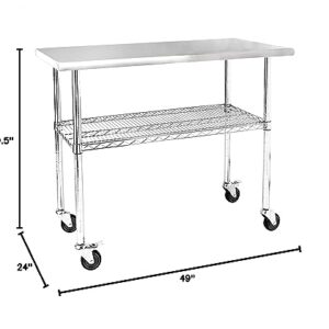 ROCKPOINT Stainless Steel Table for Prep & Work with Caster 49x24 Inches, NSF Metal Commercial Kitchen Table with Adjustable Wire Under Shelf and Table Foot for Restaurant, Home and Hotel