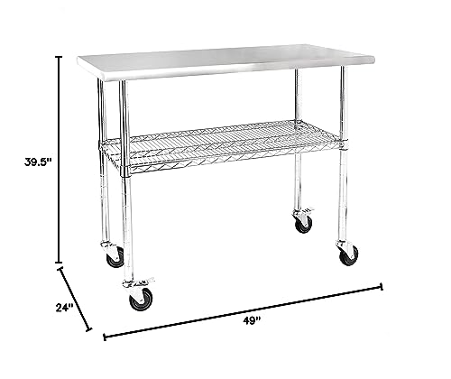 ROCKPOINT Stainless Steel Table for Prep & Work with Caster 49x24 Inches, NSF Metal Commercial Kitchen Table with Adjustable Wire Under Shelf and Table Foot for Restaurant, Home and Hotel