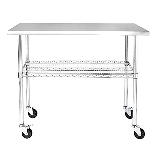 ROCKPOINT Stainless Steel Table for Prep & Work with Caster 49x24 Inches, NSF Metal Commercial Kitchen Table with Adjustable Wire Under Shelf and Table Foot for Restaurant, Home and Hotel