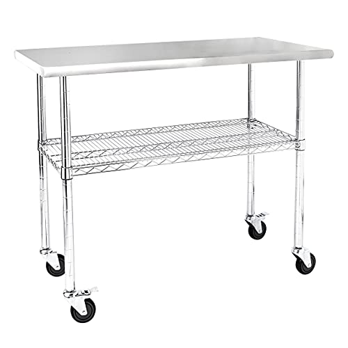 ROCKPOINT Stainless Steel Table for Prep & Work with Caster 49x24 Inches, NSF Metal Commercial Kitchen Table with Adjustable Wire Under Shelf and Table Foot for Restaurant, Home and Hotel