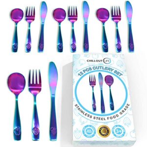 12 piece stainless steel kids silverware set - child and toddler safe flatware - kids utensil set - metal kids cutlery set includes 4 small kids spoons, 4 forks & 4 knives - uv rainbow