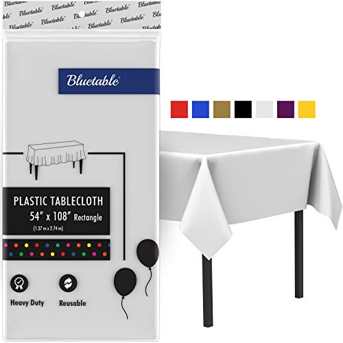 White Plastic Tablecloth Disposable Table Cloths Rectangle Tables - Heavy Duty (54” x 108”) 6 Foot or 8 Foot Tables, Birthday Parties Christmas Party [6 Pack]