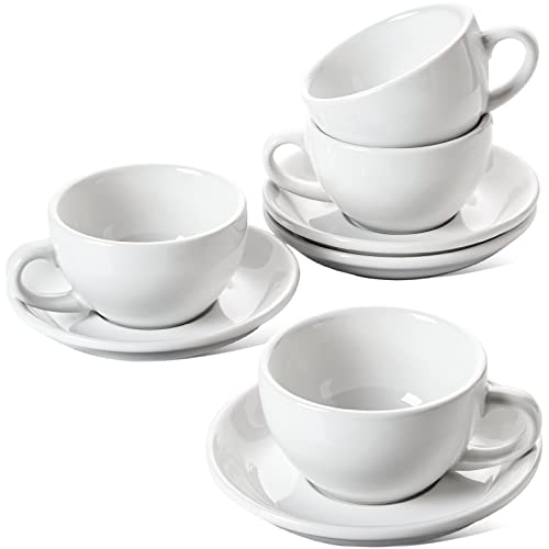 LE TAUCI 6 oz Cappuccino Cups with Saucers，Ceramic Coffee Cup for Au Lait, Double shot, Latte, Cafe Mocha, Tea - Set of 4, White