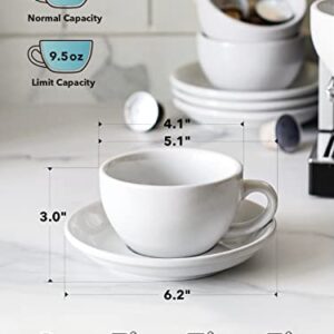 LE TAUCI 6 oz Cappuccino Cups with Saucers，Ceramic Coffee Cup for Au Lait, Double shot, Latte, Cafe Mocha, Tea - Set of 4, White