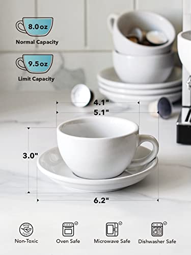 LE TAUCI 6 oz Cappuccino Cups with Saucers，Ceramic Coffee Cup for Au Lait, Double shot, Latte, Cafe Mocha, Tea - Set of 4, White