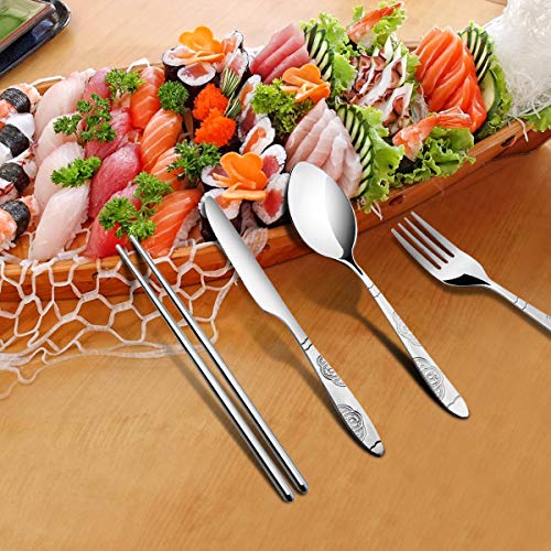 Arroyner 3 Pack Reusable Flatware Sets Knife, Fork, Spoon, Chopsticks, 12Pcs Portable Travel Stainless Steel Tableware Dinnerware with Carrying Case