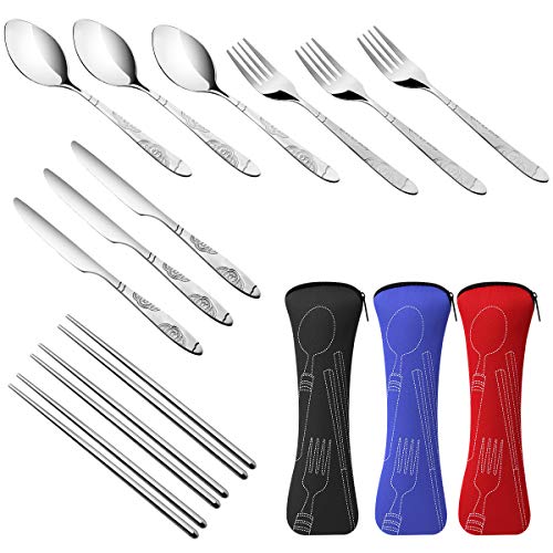 Arroyner 3 Pack Reusable Flatware Sets Knife, Fork, Spoon, Chopsticks, 12Pcs Portable Travel Stainless Steel Tableware Dinnerware with Carrying Case