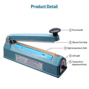 8 inch 200mm Impulse Bag Sealer, Manual Bag Sealer Heat Seal Closer, Adjustable Timer Electric Heat Seal Closer Packaging Sealer with 2 Free Replacement Kit, Blue