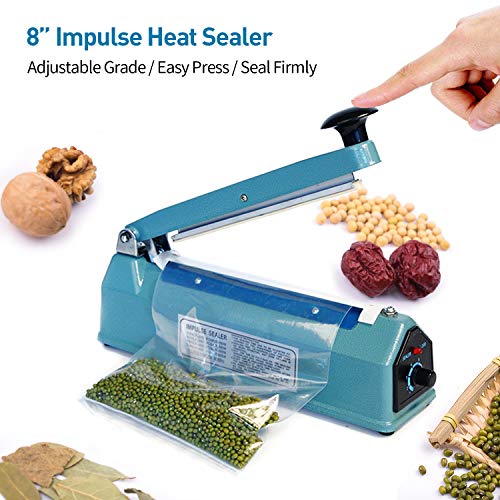 8 inch 200mm Impulse Bag Sealer, Manual Bag Sealer Heat Seal Closer, Adjustable Timer Electric Heat Seal Closer Packaging Sealer with 2 Free Replacement Kit, Blue