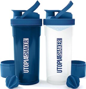 utopia home 2-pack shaker bottle - 24 ounce protein shaker bottle for pre & post workout drinks - classic protein mixer shaker bottle with twist and lock protein box storage (all navy & clear/navy)