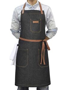 dingsay trendy denim chef apron with pockets, mens womens professional kitchen bib black apron for cooking grill bbq server, with towel loop and adjustable neck straps