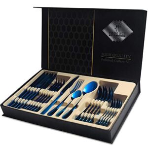 Blue Silverware Set&24-Piece Stainless Steel Flatware Service for 6, Mirror Finish Cutlery Set with Gift Box