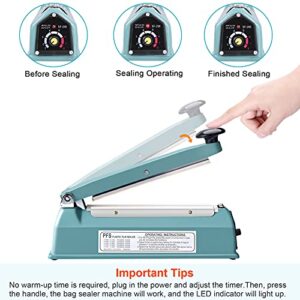 Suteck 8 inch Impulse Bag Sealer, Manual Poly Bag Sealing Machine w/Adjustable Timer Heat Seal with 50Pcs 4X6 Inch Shrink Wrap Bag and 2 Free Replacement Kit