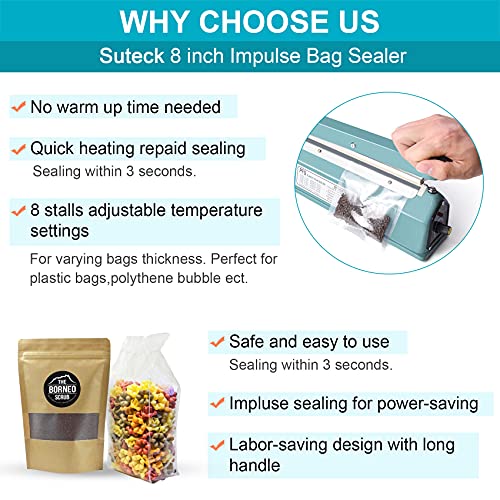 Suteck 8 inch Impulse Bag Sealer, Manual Poly Bag Sealing Machine w/Adjustable Timer Heat Seal with 50Pcs 4X6 Inch Shrink Wrap Bag and 2 Free Replacement Kit