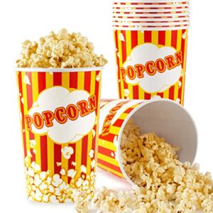 64 oz popcorn buckets, disposable popcorn containers (25 count), large cups, cardboard bucket for family movie night, popcorn tub, vintage bowls for concession stand, carnival supplies
