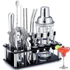 cocktail shaker set, ohuhu 17-piece bartender kit bar tool set with acrylic stand premium soda-lime glass drink shaker with all bar accessories for beginners home bar parties