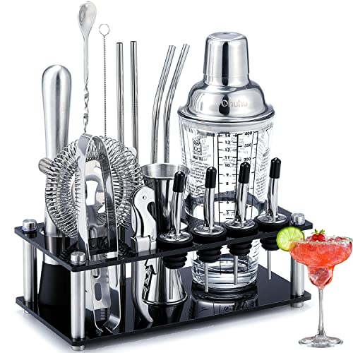 Cocktail Shaker Set, Ohuhu 17-Piece Bartender Kit Bar Tool Set with Acrylic Stand Premium Soda-Lime Glass Drink Shaker with All Bar Accessories for Beginners Home Bar Parties