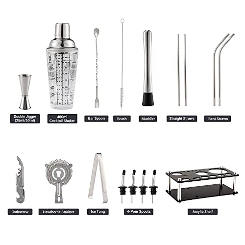 Cocktail Shaker Set, Ohuhu 17-Piece Bartender Kit Bar Tool Set with Acrylic Stand Premium Soda-Lime Glass Drink Shaker with All Bar Accessories for Beginners Home Bar Parties