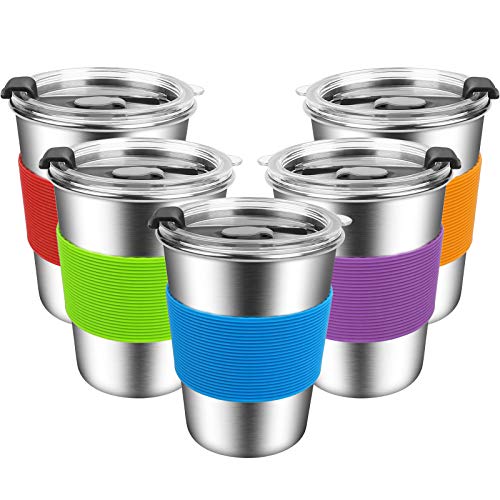 ShineMe Kids Stainless Steel Cups,12oz Kids Metal Drinking Glasses with Lids and Sleeves, 5pack Reusable Water Tumbler for Children and Adults, Apply to Indoor and Outdoor