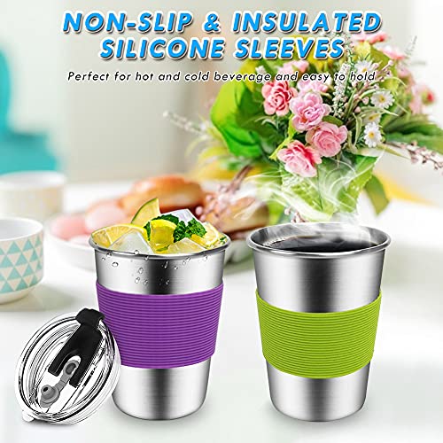 ShineMe Kids Stainless Steel Cups,12oz Kids Metal Drinking Glasses with Lids and Sleeves, 5pack Reusable Water Tumbler for Children and Adults, Apply to Indoor and Outdoor